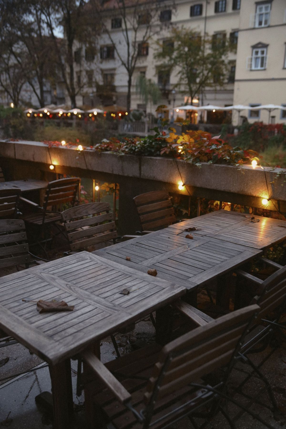 Tables on the deck with festoon lights
